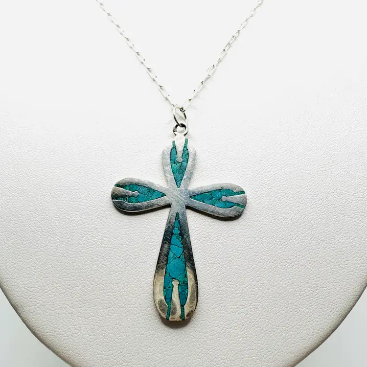 Sterling Silver Native-style Southwest Cross with Inlay of crushed Turquoise on Paperclip Chain