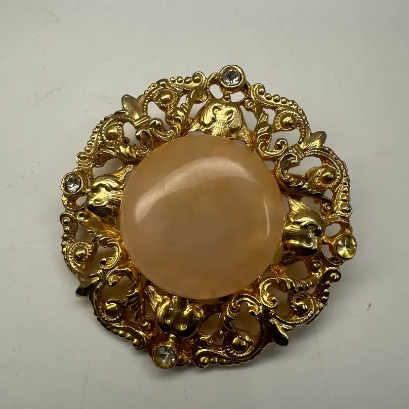 Vintage Round Gold Tone with Peach Stone Brooch 2”