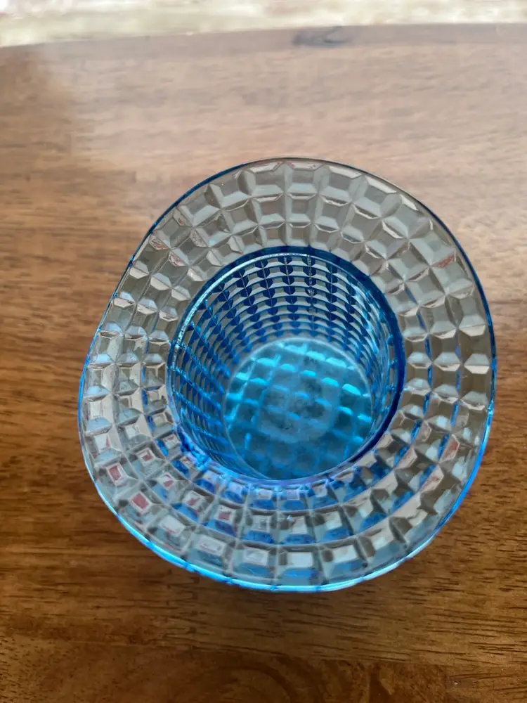 Blue pressed glass top hat toothpick holder by National Glass Co. 2.5”