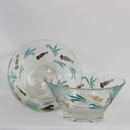 Vintage 1950s Turquoise and Gold Pineapple Adorned Clear Glass Bowls (B)