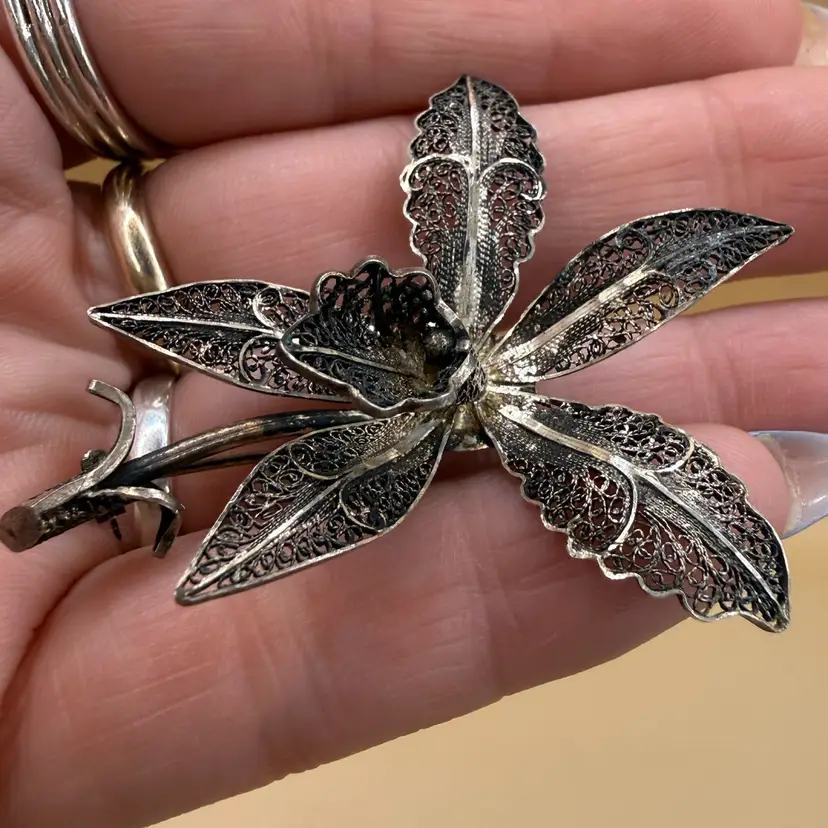 Antique 800 Silver Filigree Orchid Brooch 2.5”