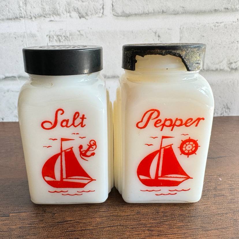 Vintage McKee Milk Glass Red Sailboat Salt Pepper Shaker Set Roman 
