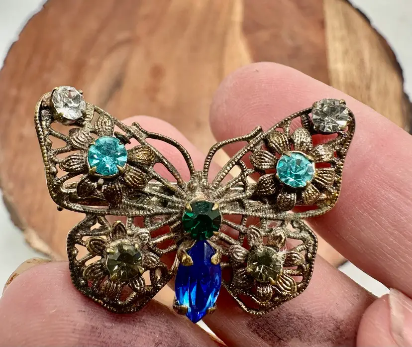 Vintage Gold Tone Filigree Butterfly Brooch Multi Colorful Rhinestones