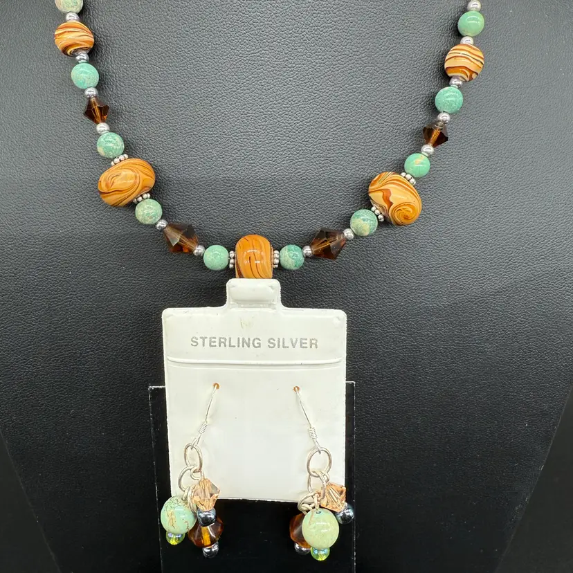 Glass And Ceramic Beads 925 Sterling Silver Earring And Necklace Set 18”