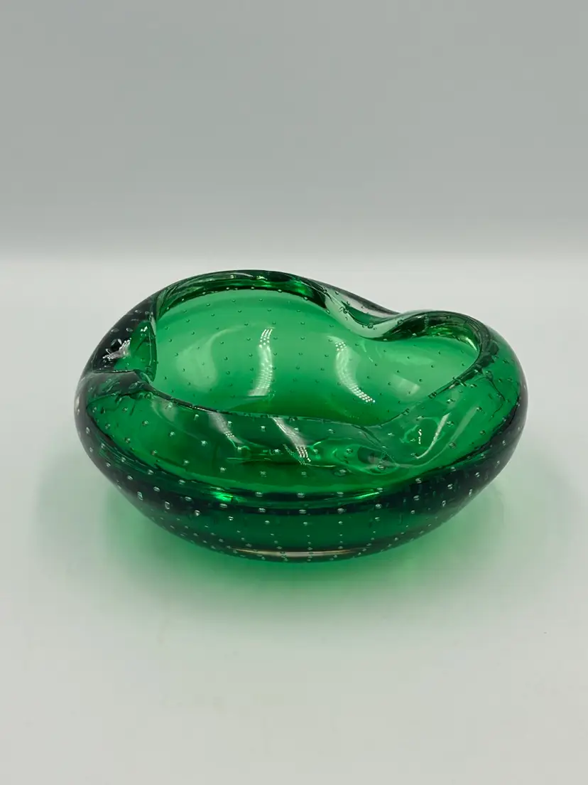 Vintage Mcm Controlled Bubbles  Art, Glass Trinket Dish, Ashtray Emerald Green