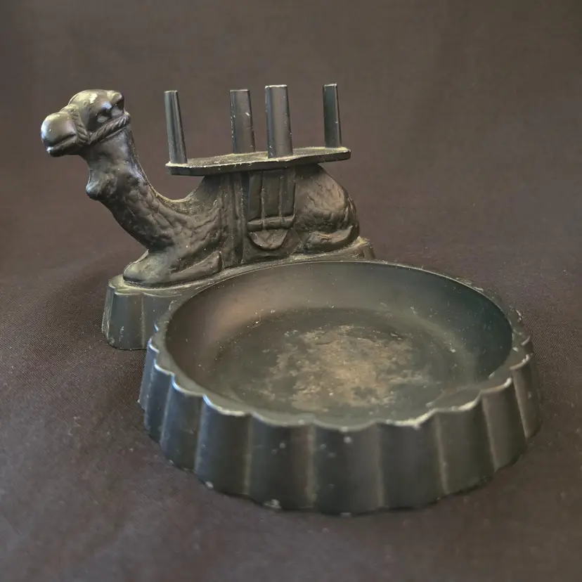 Camel Ashtray Black Cast Metal Stand with Cigarette Box Holder Condition Issues