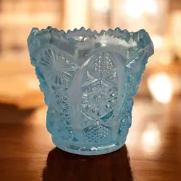 Imperial Carnival Glass Toothpick Holder – Ice Blue Iridescent – Daisy and Button Pattern – IG Mark