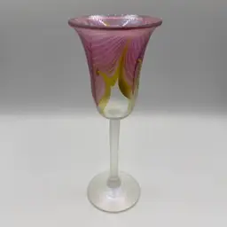 Pink & Gold Signed Correia Art Glass Iridescent Pulled Feather Goblet GMFR 2.80.12