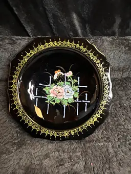 Vintage  Tashiro Shoten Black Pedestal Dish Hand Painted Flowers & Butterfly