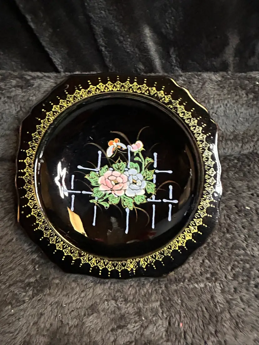 Vintage Tashiro Shoten Black Pedestal Dish Hand Painted Flowers & Butterfly