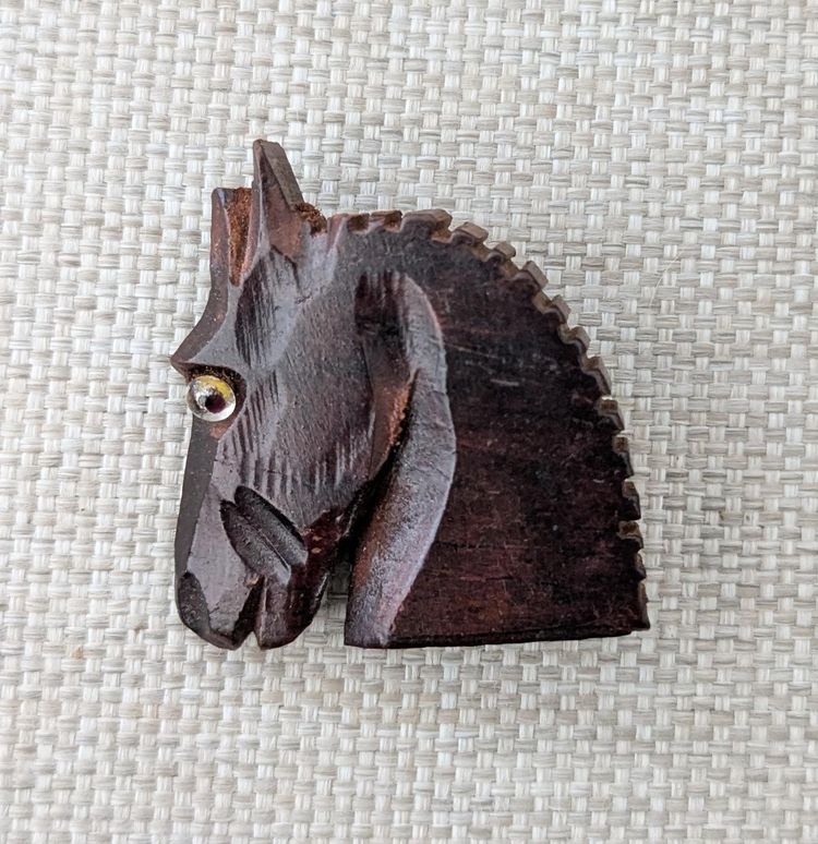 Primitive Carved Wooden Horse Brooch