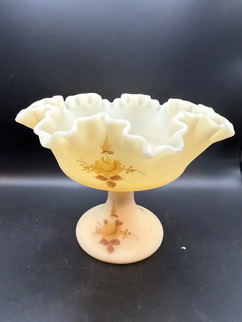 Fenton Satin Custard Glass Pedestal Compote Hand-Painted By Lisa W