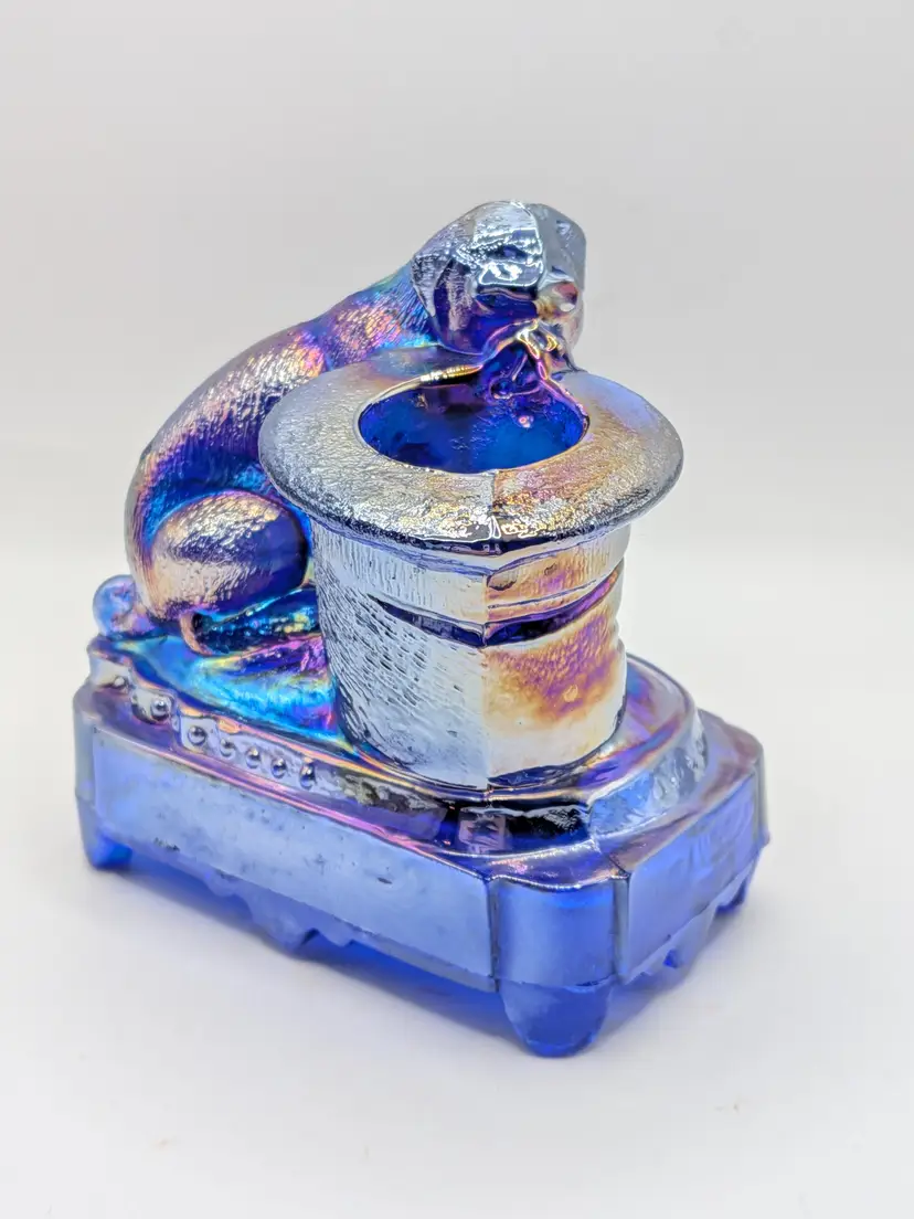 Belmont Blue Carnival Iridescent Glass Dog w/ top Hat Candle Holder/Toothpick/Match Holder