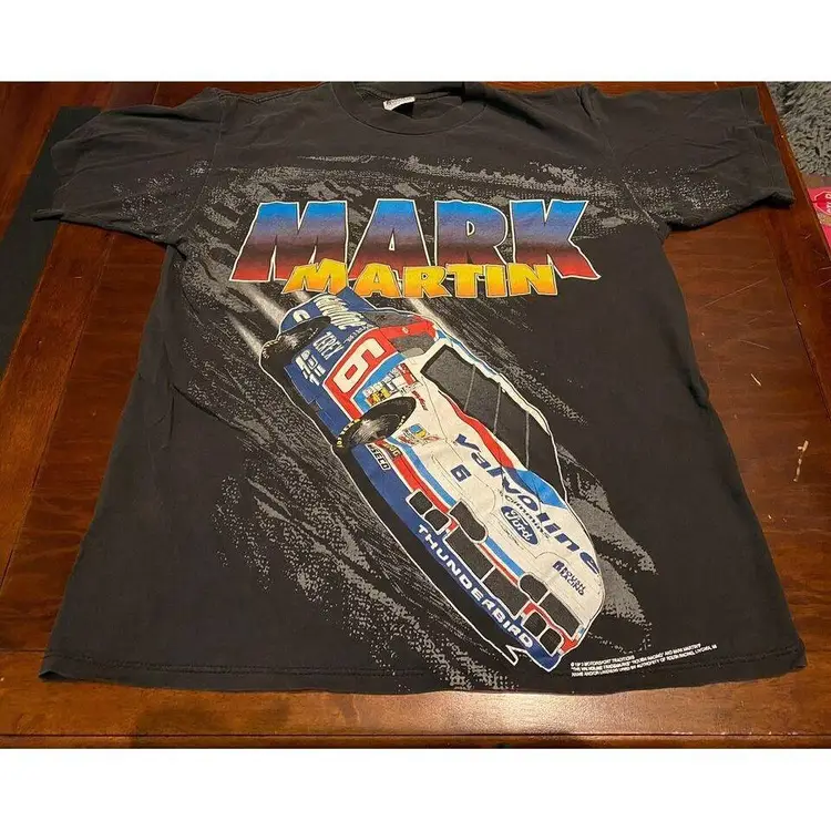 Mark Martin Nascar VTG 90s All Over Print T Shirt Sz L Valvoline Ford Roush