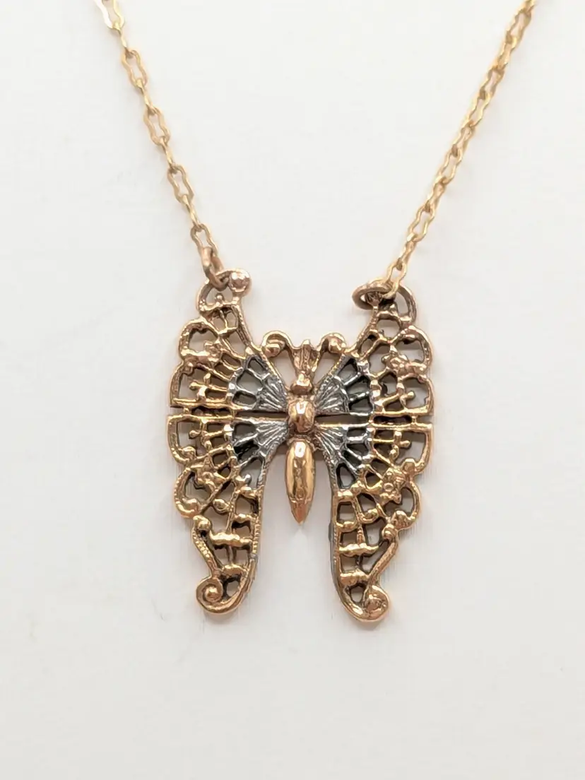 1928 Filagree Butterfly Pendant Gold Silver Tone Necklace