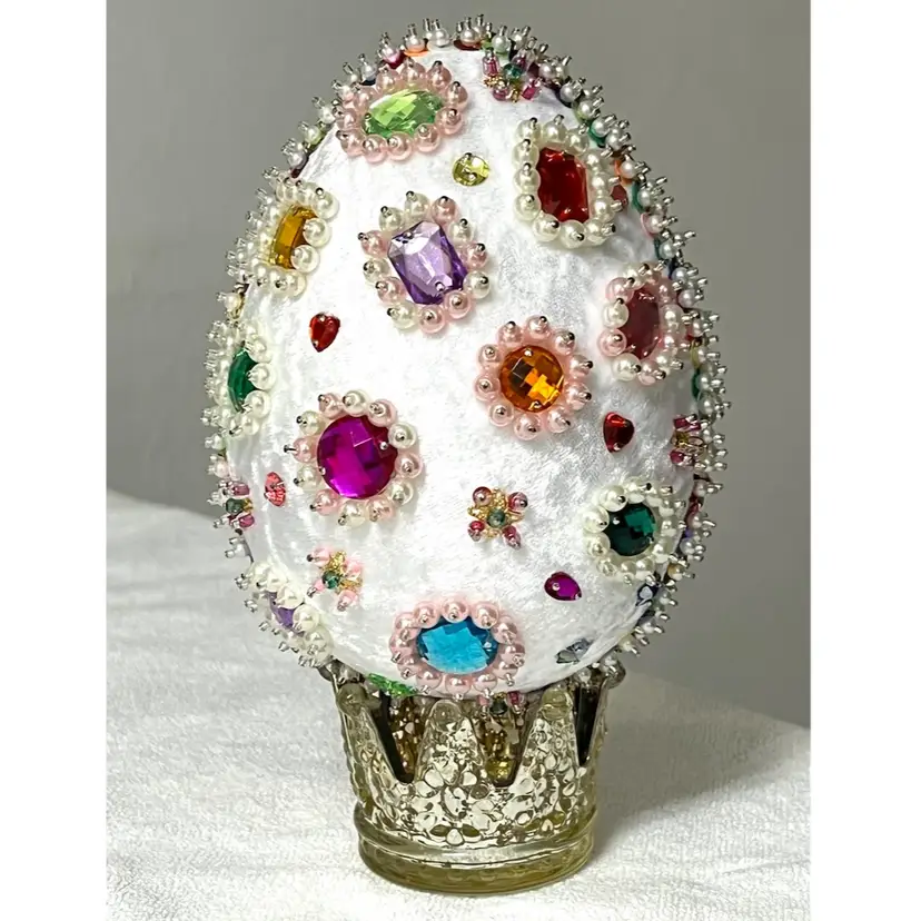 Handmade Vintage Style Push Pin Easter Egg Holiday Decor Rhinestones Sequins Beads 6 in Height