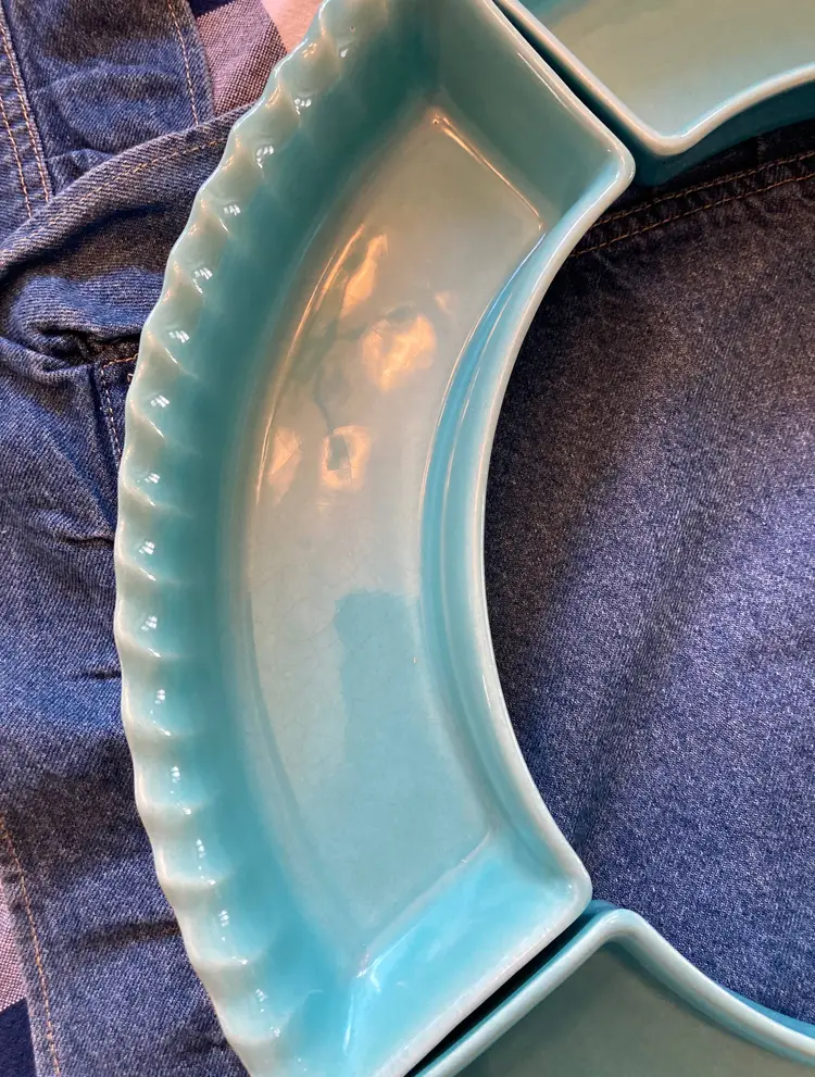 Vintage Chip-N-Dip Susan: Turquoise Ceramic Crescent Bowls, Made in USA