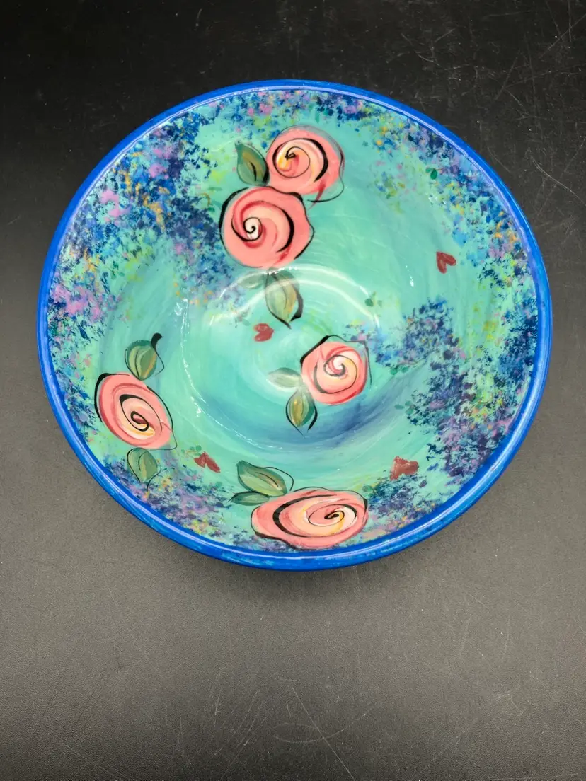BIN - Hand painted Studio Pottery Bowl With Roses And Hearts, Signed