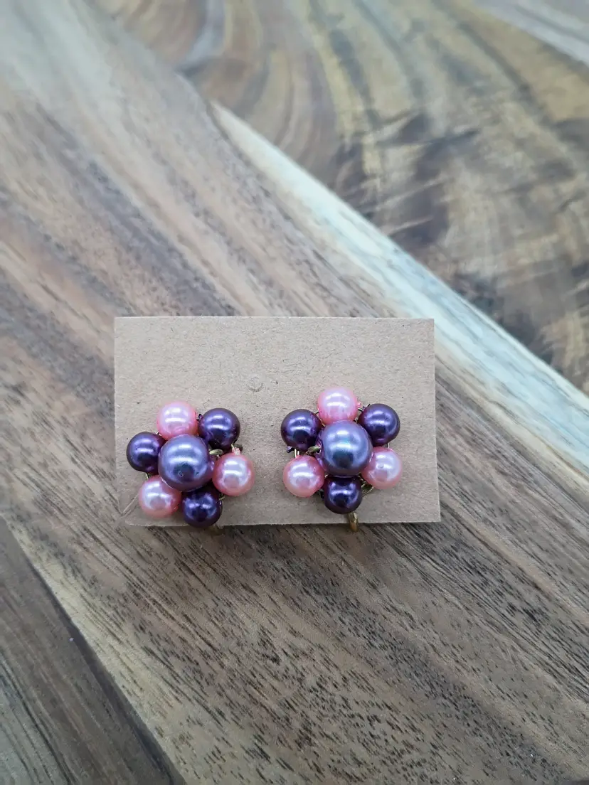 Vintage 1950 Pink and Purple Faux Pearl Cluster Screw Back Earrings.