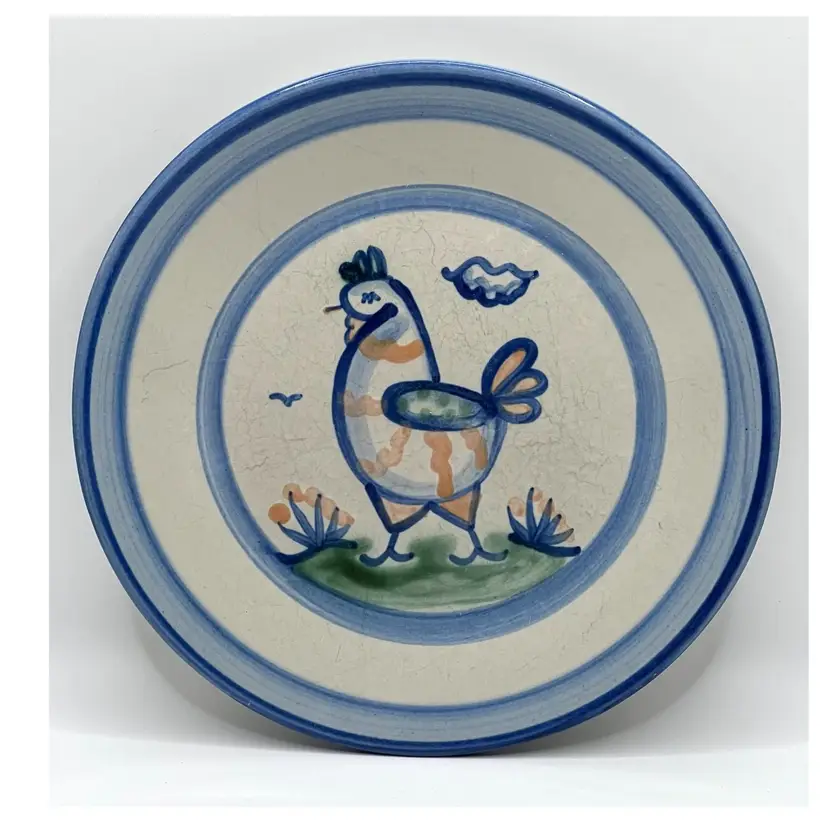 M.A. Hadley Stoneware Art Pottery Chicken Country Scene Blue Bread & Butter Plate 7.5 in Diameter