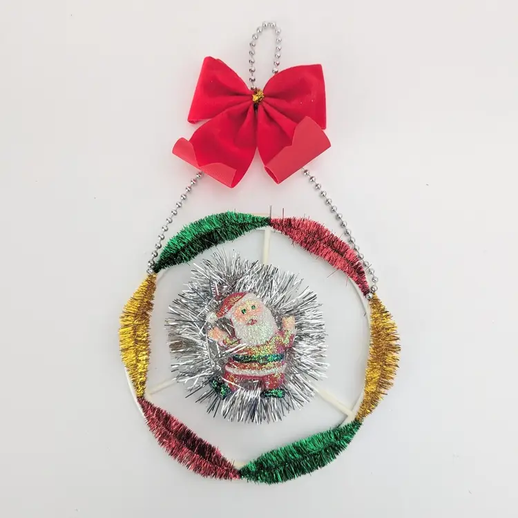 VTG Kitschy Christmas Wreath Glitter Santa Ornament Tinsel Velvet Bow 10.5" Long