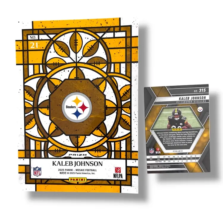 2025 Panini Mosaic Kaleb Johnson RC Stained Glass Oversized and Silver Mosaic RC