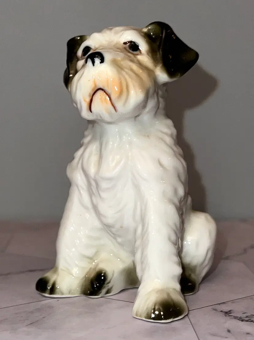 Vintage Porcelain White And Grey Terrier Puppy Figurine