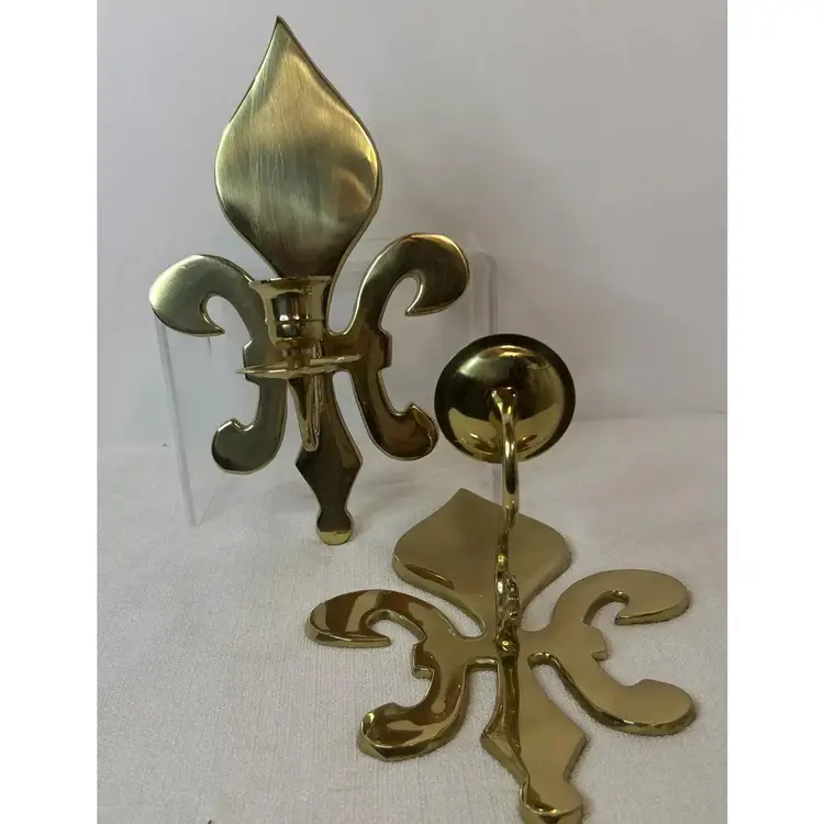 Vintage Pair Brass “Fleur De Lis” Shaped Candle Wall Sconces