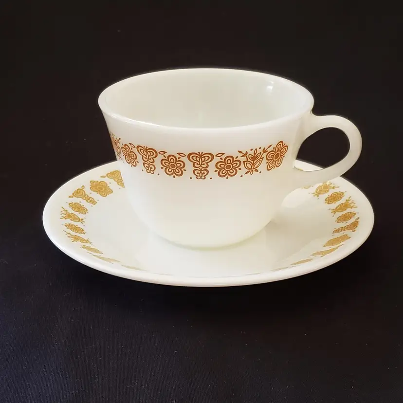 Corelle Pyrex Golden Butterfly Cup & Saucer (Corelle) Coffee Tea Cup (Pyrex) 2 pc Set