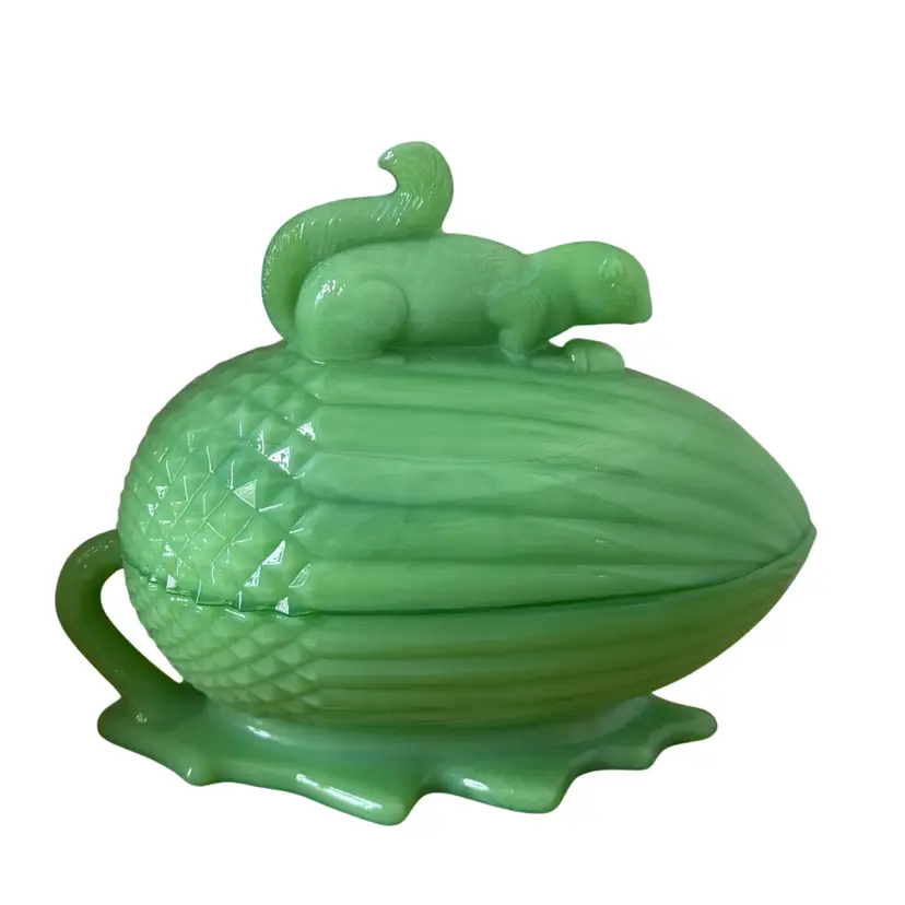 Martha By Mail Jadeite Squirrel on Acorn Covered Candy-Trinket Dish- L E Smith For Martha Stewart 
6.5” T x 7..75” L x 4” W