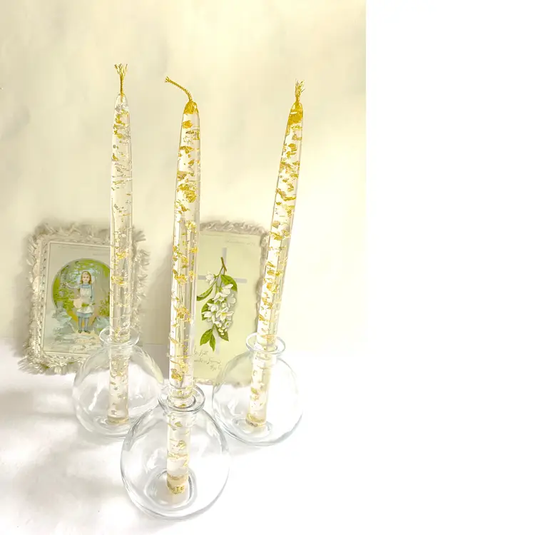 Trio of Perfect 12~Inch Crystal Clear Vintage Lucite Candles w/Gold Flecks and Round Glass Candle Holders