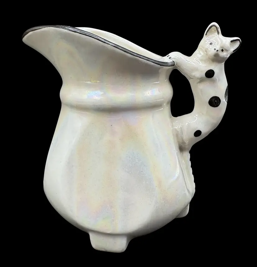 Vintage Czech Ceramic Figural Creamer Pitcher Climbing Cat Kitten Handle Luster