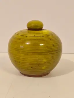 Handmade Chartreuse Art Pottery Jar with Stopper Signed