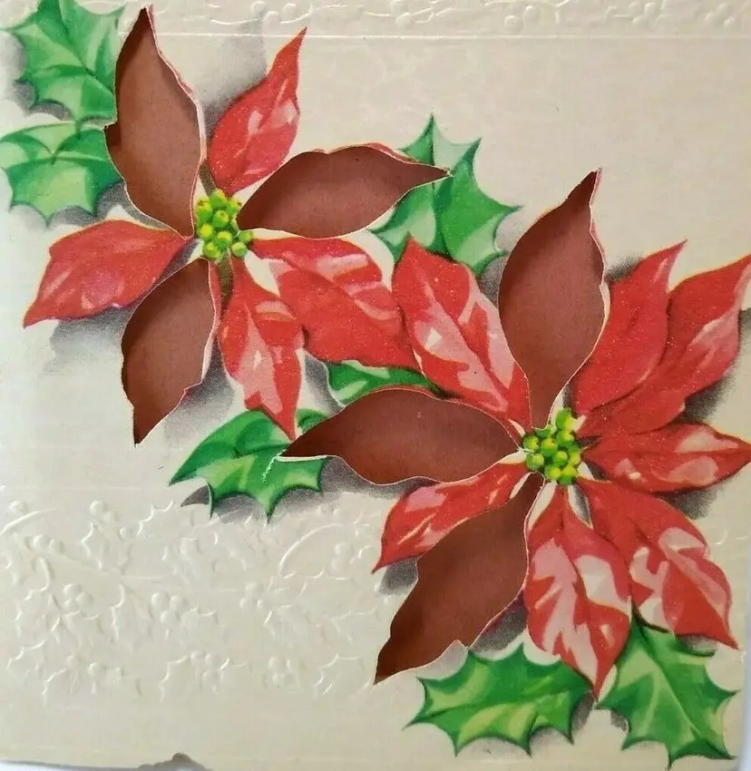 Mid Century Modern Christmas Greeting Card Die-cut Poinsettias Embossed Vintage
