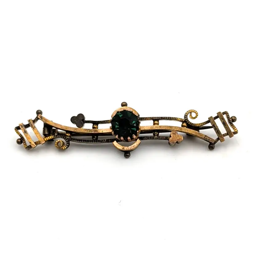 Antique Bar Brooch Green Rhinestone Open Work Ornate Gold Tone Art Deco