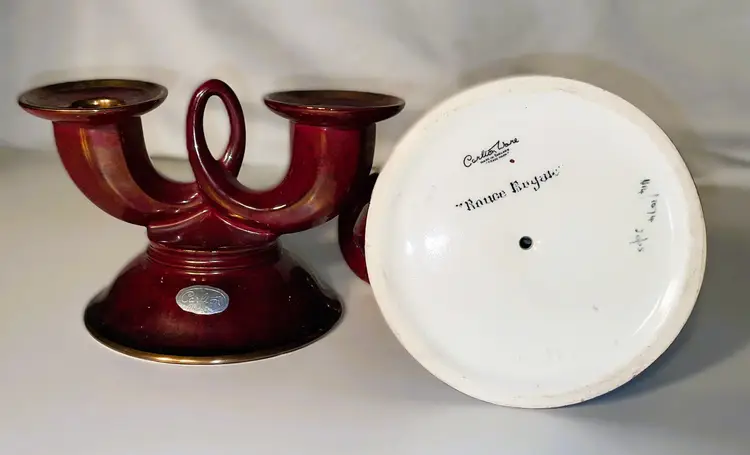 Carlton Ware Rouge Royale Double Candle Holder Red & Gold Vintage