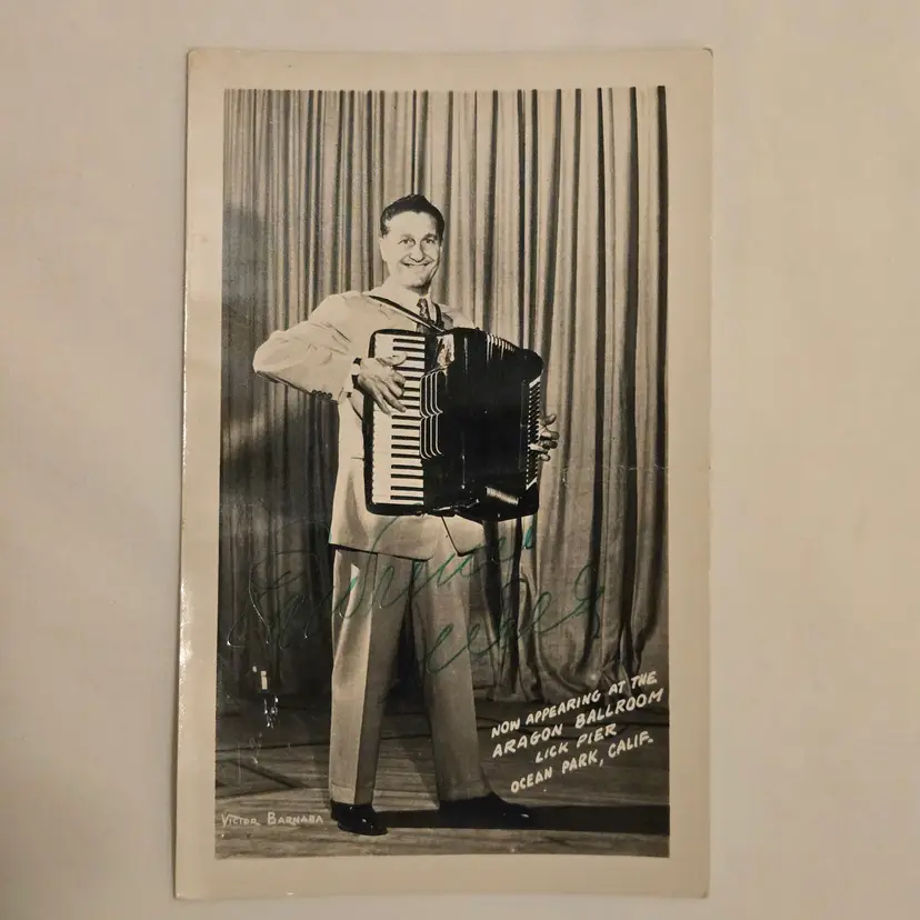 Postcard Lawrence Welk Signed 3.5" x 5.5" Aragon Ballroom Ocean Park CA Vintage Ephemera