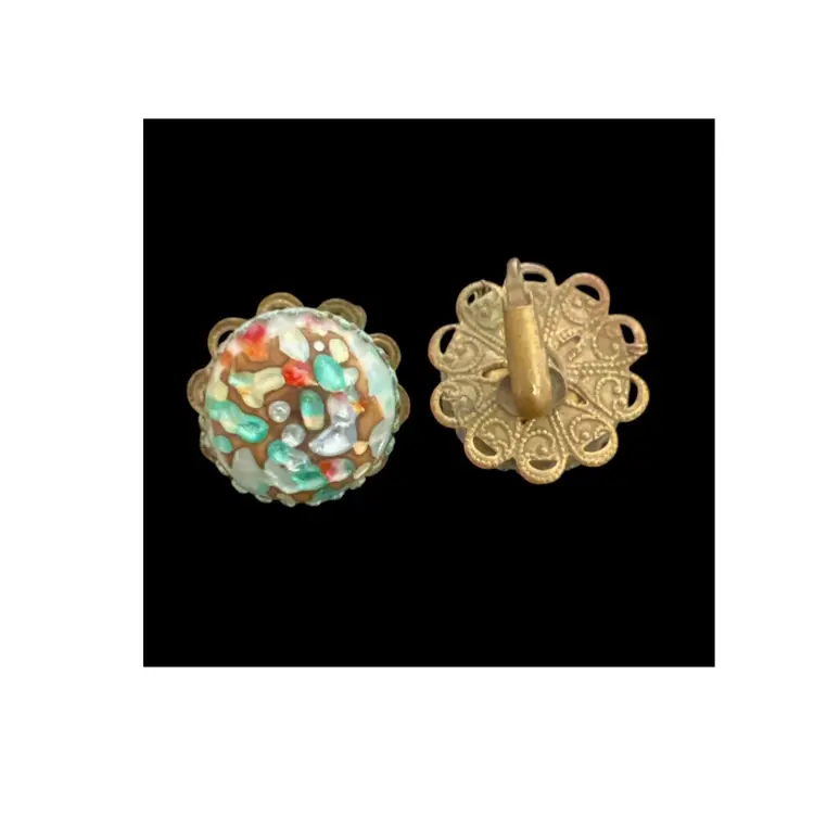 Vintage Multicolored Glass Confetti Filigree Brass Clip-on Earrings & Postcard #G-1