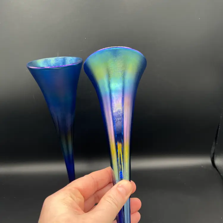 2 RICK STRINI Art Glass Blue Luster Iridescent Champagne Flute Stem Set ~ Signed