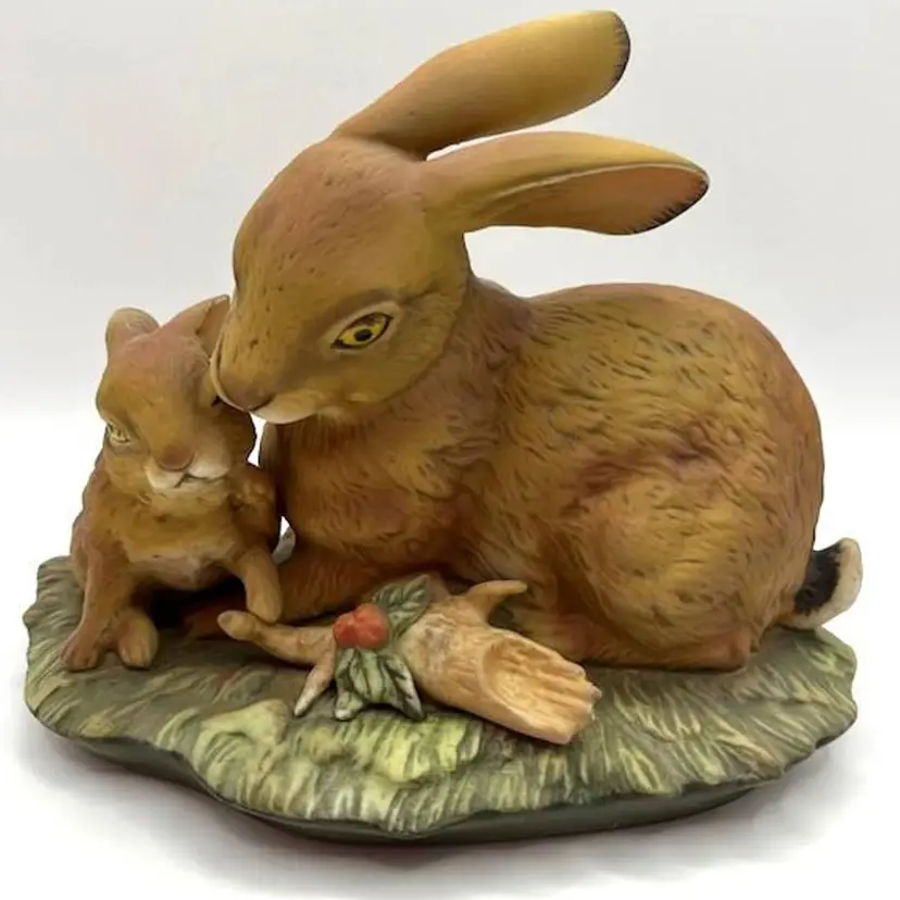 HOMCO Masterpiece Bisque Mother Rabbit & Baby Bunny 1970's - Easter Mother's Day Decor