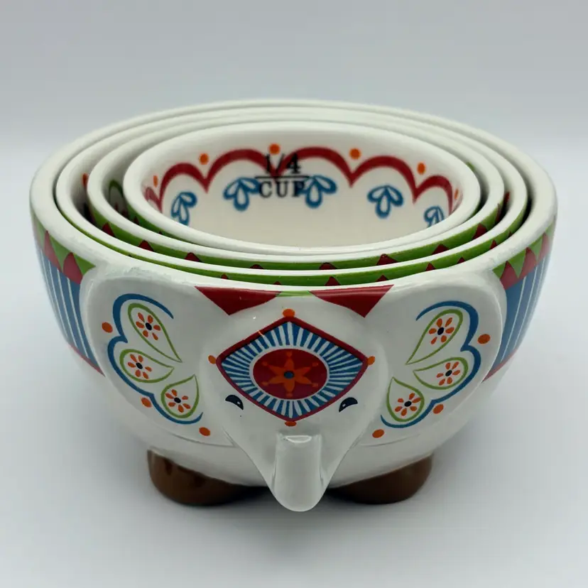 Pier 1 Imports Elephant Nesting Measuring Bowl Set Hand Painted Dolomite 4 Pc
