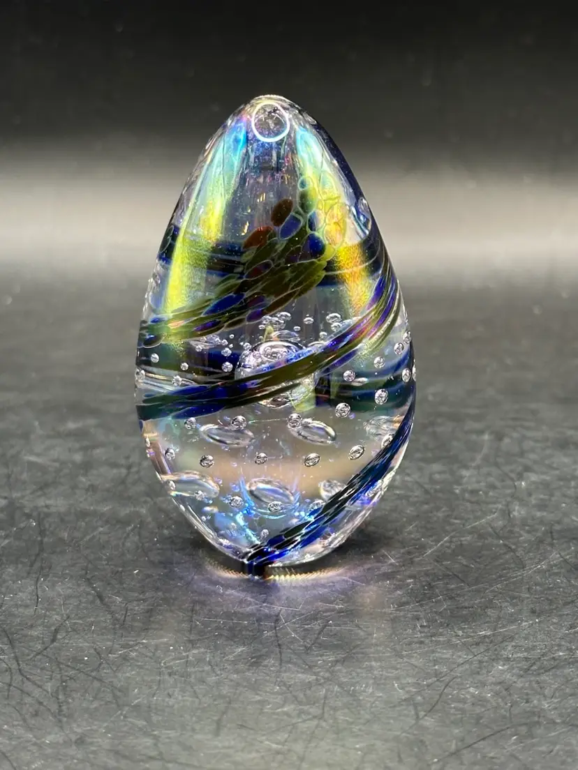 Signed GES Glass Art Studio Iridescent Swirl Egg Paperweight 1995