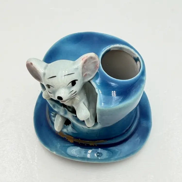 Small Ceramic Made In Japan Mouse In A Hat Toothpick Holder