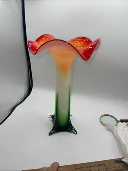 Vintage Tulip Vase Hand Blown Cased Art Deco Glass Trumpet Red Green White 14.5”