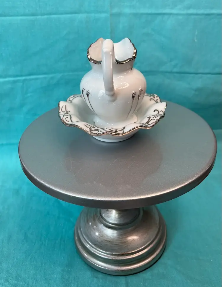 Vintage Porcelain Small White With Silver Accents Pitcher And Basin