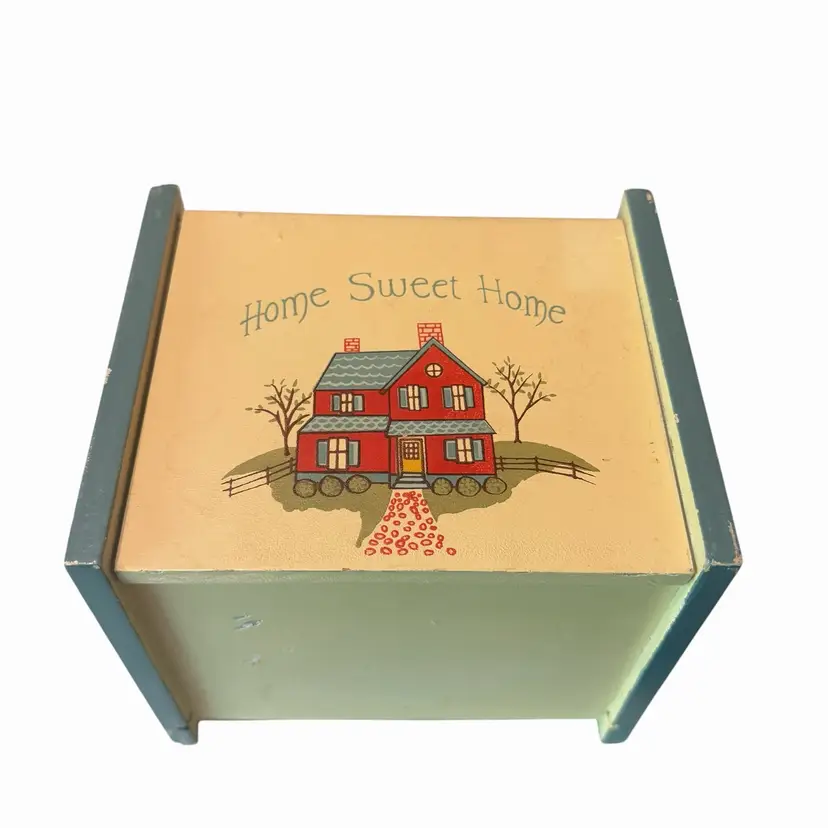 Home Sweet Home Vintage Mid Century Wooden Recipe Box Cream Blue Trim 6"x 5"x 4"