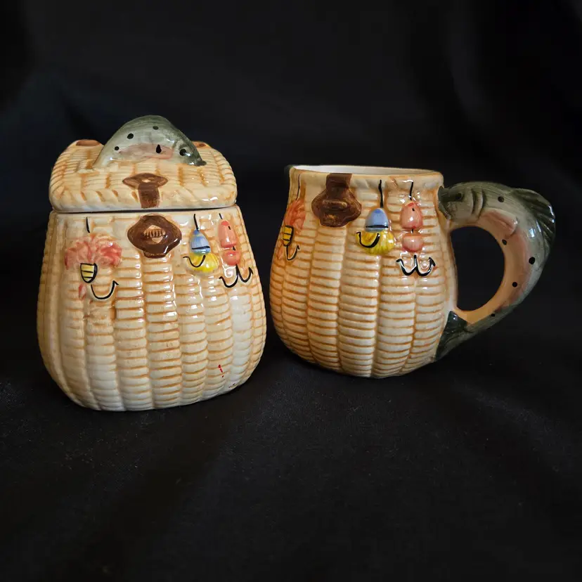 Fishing Creel Rainbow Trout Sugar Bowl and Creamer Ceramic made in Taiwan