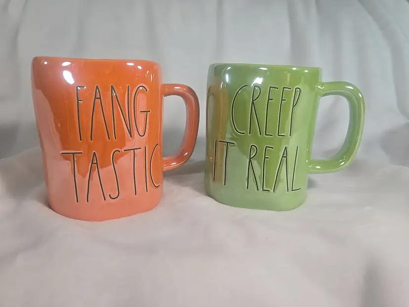 Rae Dunn Halloween Mug Set – Fang Tastic & Creep It Real – Iridescent Ceramic – Pair of 2