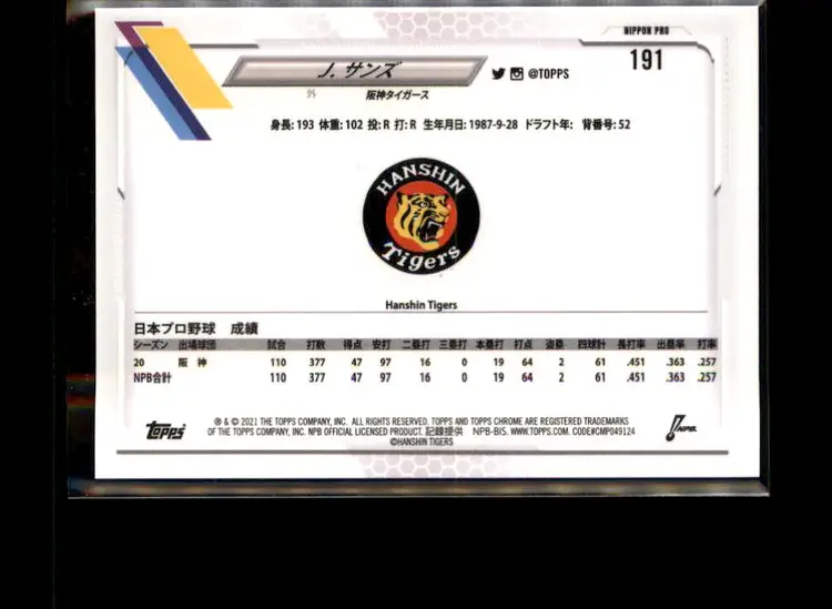 2021 Topps Chrome NPB #191 Jerry Sands - (138) - Hanshin Tigers