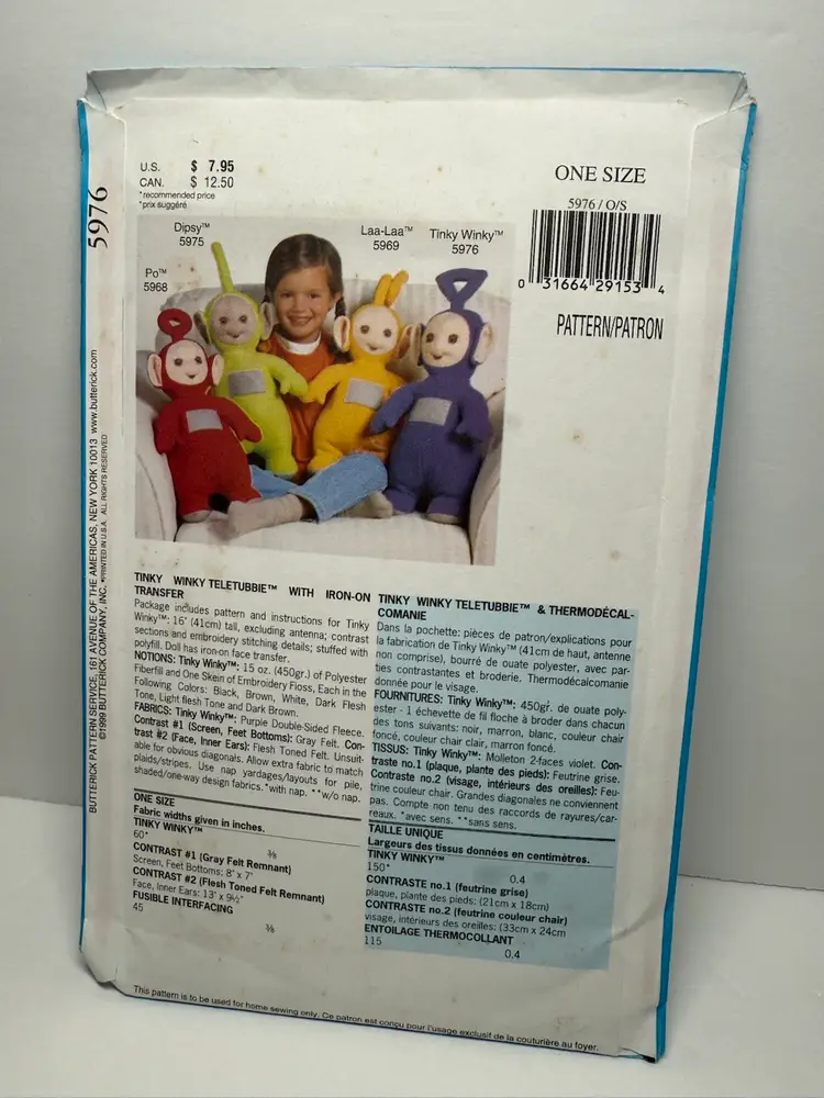 TELETUBBIES  TINKY WINKY Doll sewing Pattern, Uncut/FF, New Condition VTG 1999 Butterick 5976
